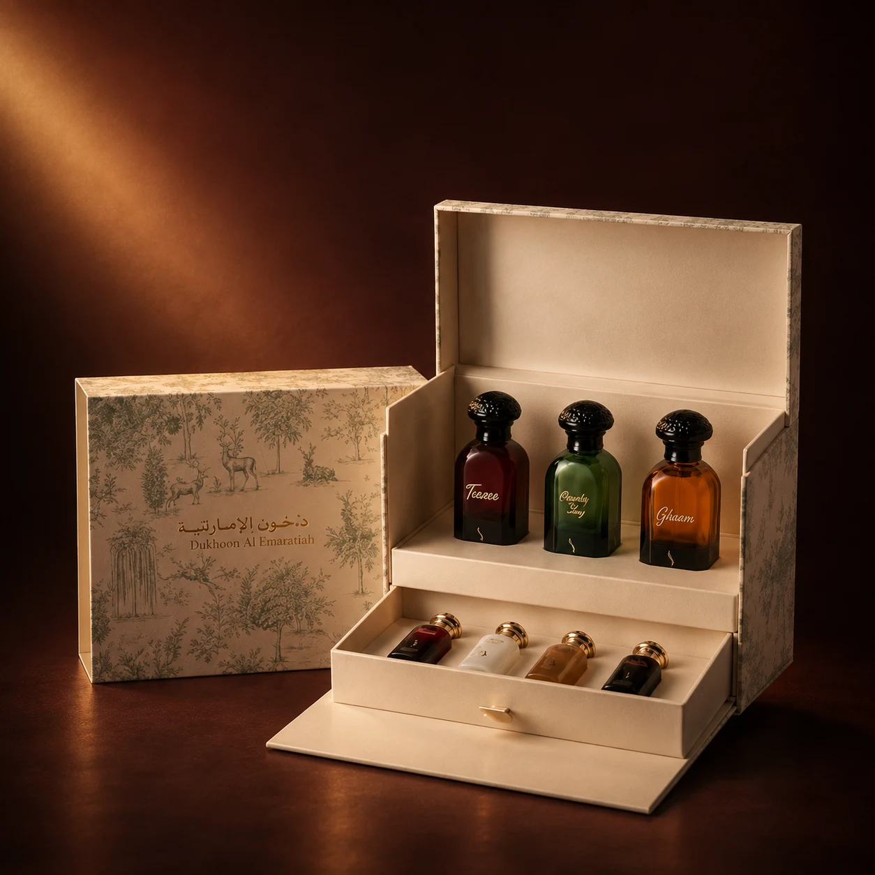 Coffret Special Edition Dkhoni ouvert avec les sept flacons