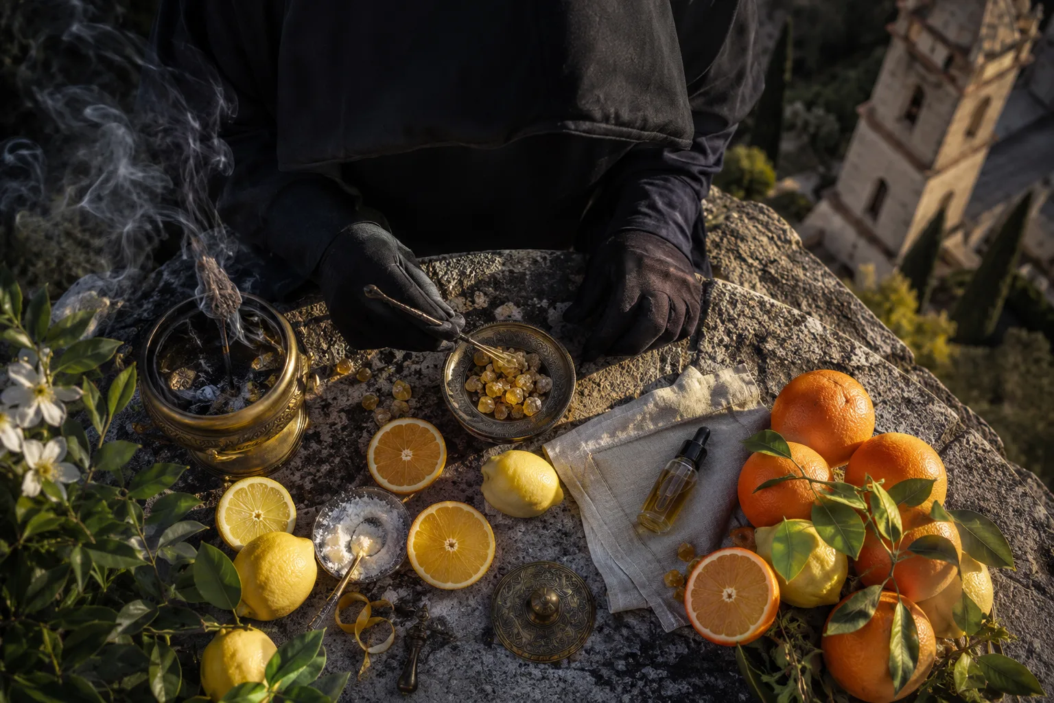 Orangers siciliens chargés de fruits, lumière du matin