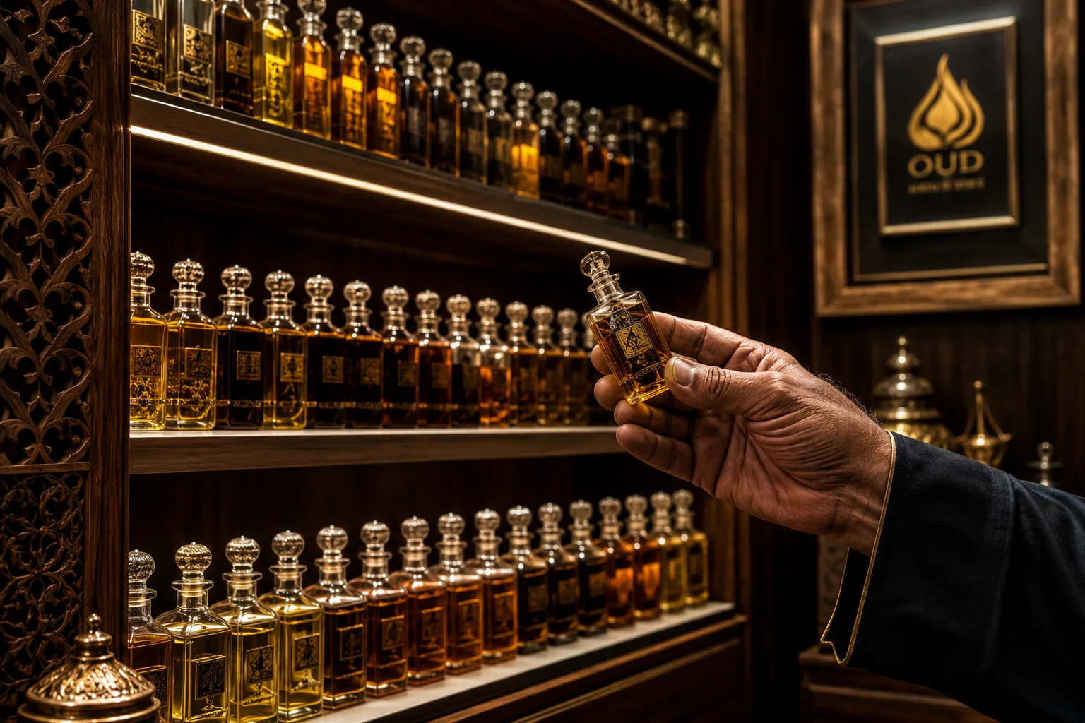 Intérieur élégant d'une boutique Arabian Oud, flacons d'huile de oud alignés