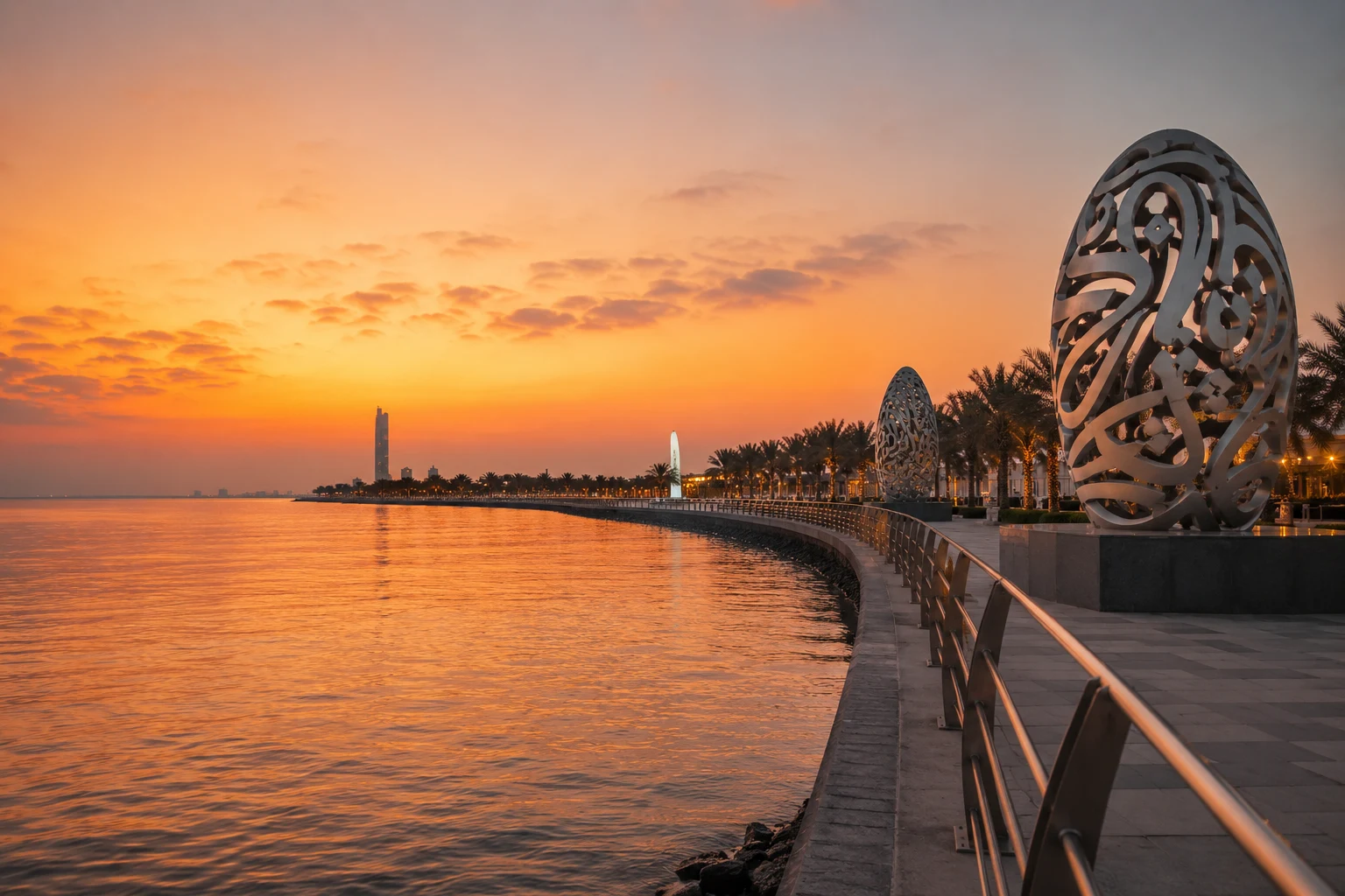 Corniche de Jeddah au coucher du soleil, bord de mer Rouge