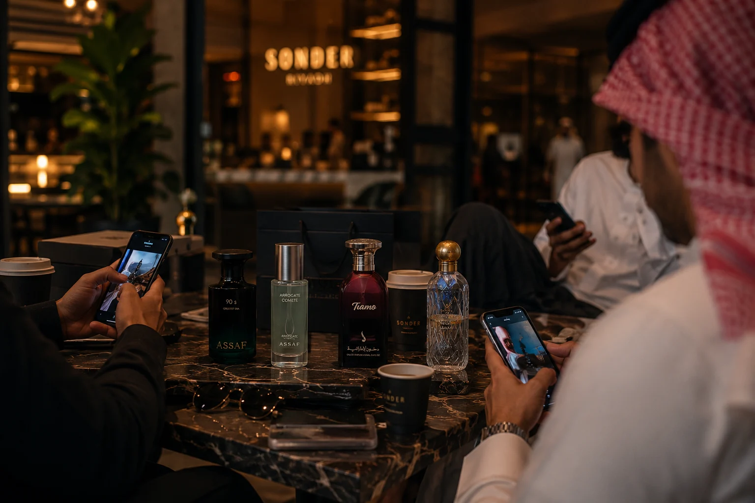 Café moderne à Riyad, jeunes gens autour d'une table avec des flacons de parfum