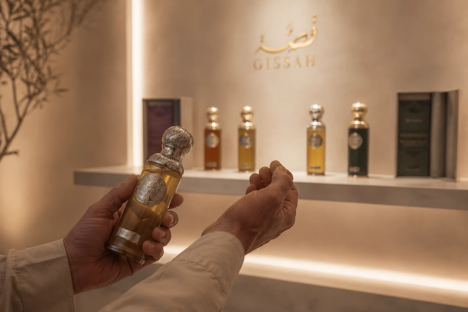 Boutique épurée Gissah au Koweït, flacons de parfum sur étagère