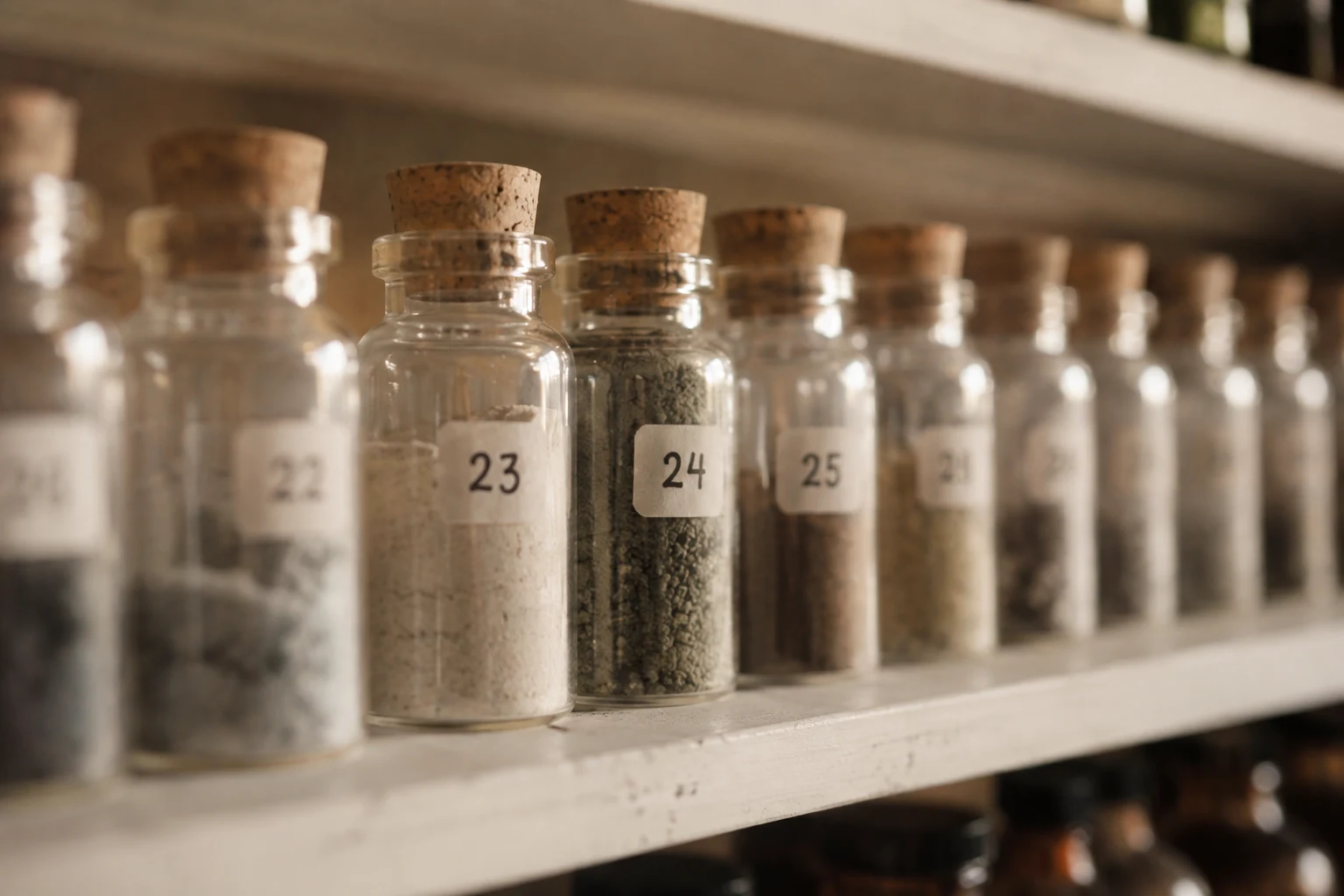 Flacons de molécules aromatiques en laboratoire