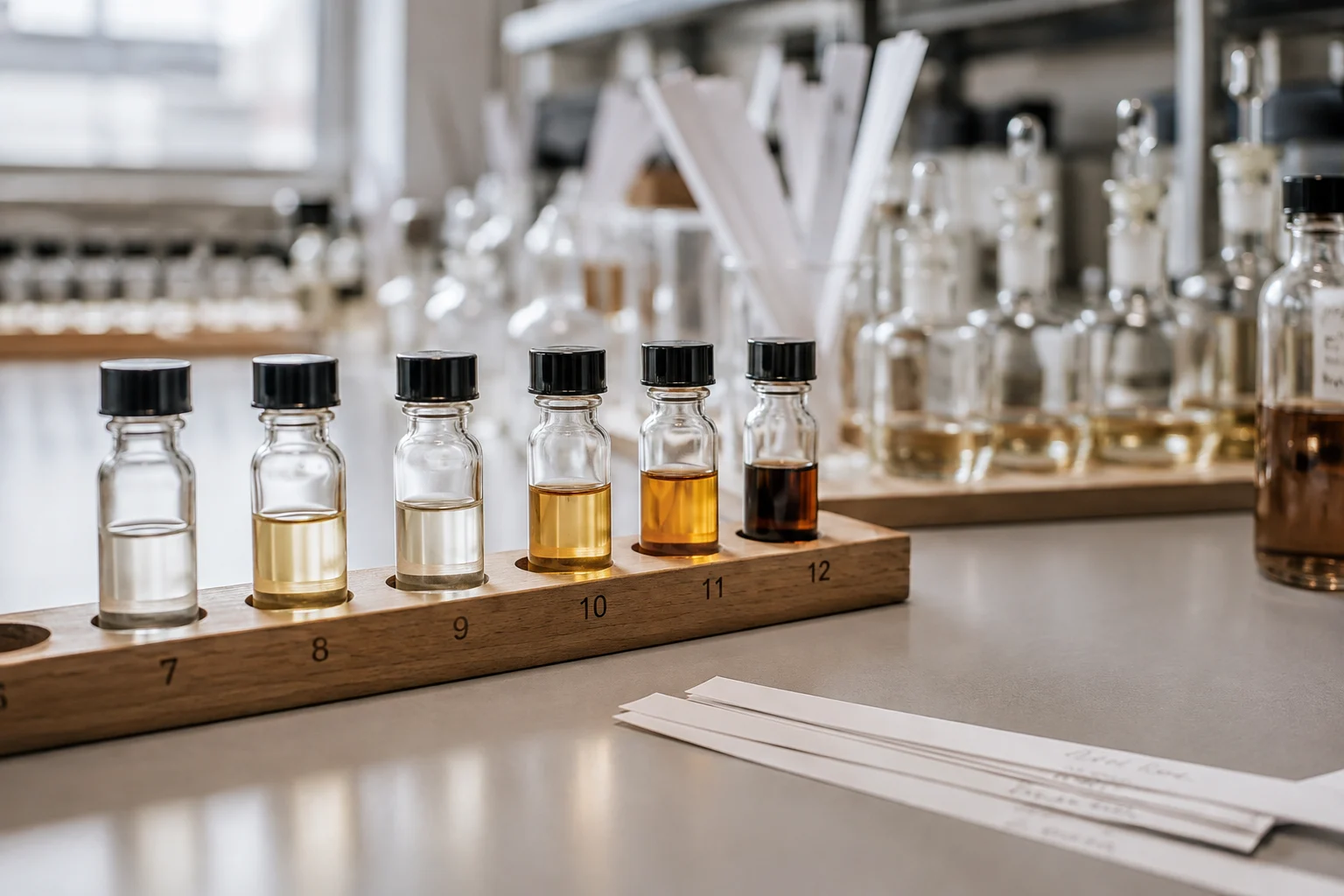 Flacons de parfum en test, laboratoire d'évaluation