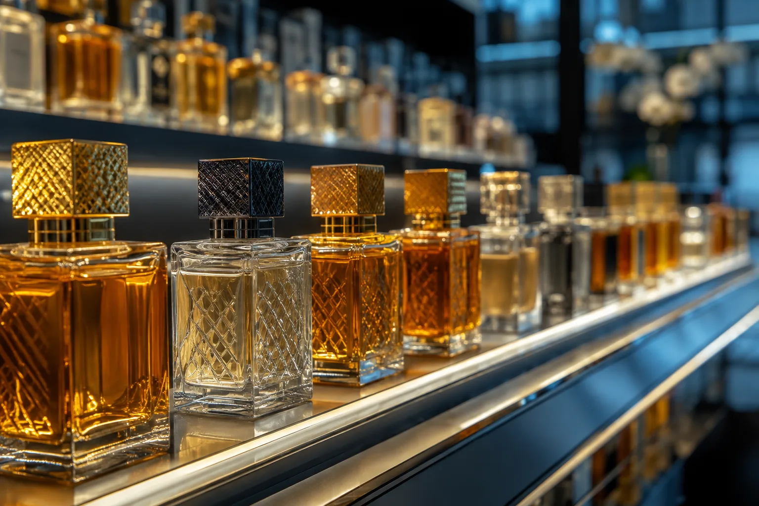 Flacons de parfum alignés, boutique de luxe, Dubaï
